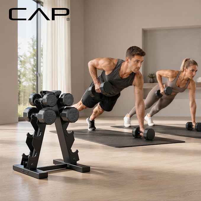 CAP Rubber Coated Hex Dumbbell Set with Storage Rack | 100–210 lb Options, Space-Saving Vertical Compact Storage for Home Gym Strength Training