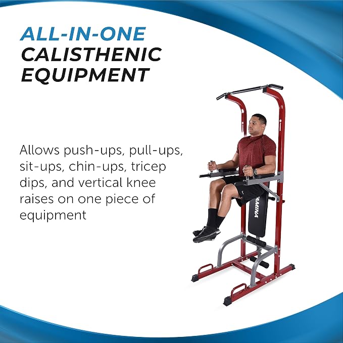Stamina Full Body Power Tower 735 - Dip Bar with Built-in Bench and Rack - Pull Up Bar Station with Smart Workout App - Dip Bars for Home Workout - Up to 300 lbs Weight Capacity | Dip Bar with Built-in Bench and Rack; Pull Up Bar Station with Smart Wor...