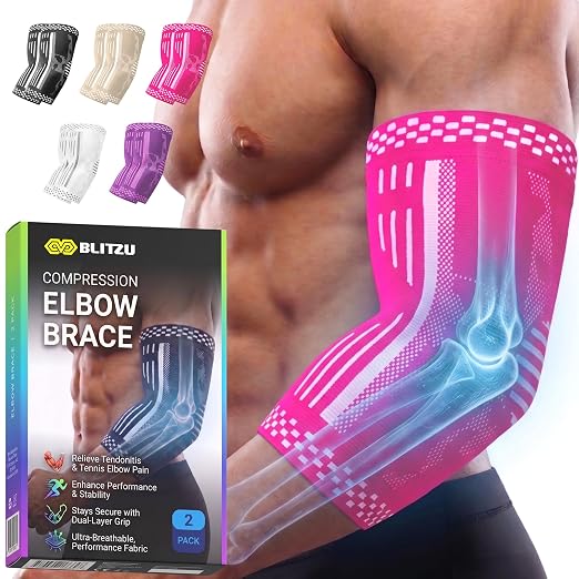 BLITZU Elbow Compression Sleeve for Tendonitis, Tennis Elbow Brace 2 Pack L | Targeted Arm Support, Joint Stability, Muscle Recovery, Workout Protection, Tendonitis & Arthritis Relief, All-Day Comfort