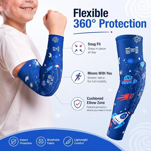 AceList Space Elbow Pads for Kids, Youth Volleyball Arm Sleeves for Boys Girls, Protective Compression Gear for Basketball Football Wrestling, Anti-Slip Stay-Up Protective Gear, 1 Pair (Size L)