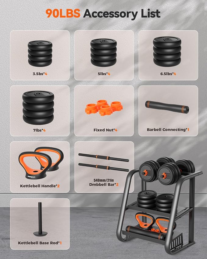 FEIERDUN DS2 Adjustable Dumbbells, 20/30/40/45/70/90lbs Free Weight Set with Connector, 5 in1 Dumbbells Set Used as Barbell, Kettlebells, Push up Stand, Weight Plate, Fitness Exercises for Home Gym Suitable Men/Women