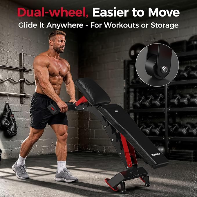 FLYBIRD WB7 Weight Bench, 1300LBS Commercial Adjustable Weight Bench, Workout Bench for Home Gym, Flat Incline Bench Press Heavy Duty Bench with 34'' Extra-Long Backrest and Easy-Roll Wheels