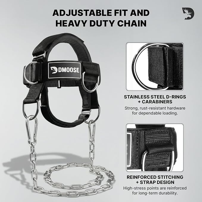 DMoose Fitness Neck Harness for Weight Lifting - Soft Padded Head & Chin Strap with 30" Heavy Duty Steel Chain - Neck Exerciser, Trainer & Strengthener to Support Injury Recovery and Intense Workouts