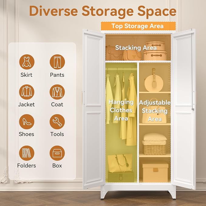 Polup 71" Tall Metal Armoire Wardrobe Closet with Doors and Lock | Wardrobe Cabinet, Hanging Rod, 3 Adjustable Shelves, Steel Clothing Storage Cabinet for Bedroom, Office, Employee, Gym, White