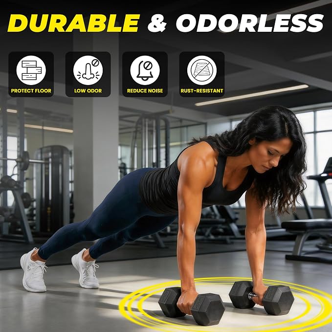 HulkFit Rubber Coated Hex Dumbbells, Anti-Roll Hand Weights Set of 2, Non-Slip Ergonomic Handle Low Odor for Home Gym