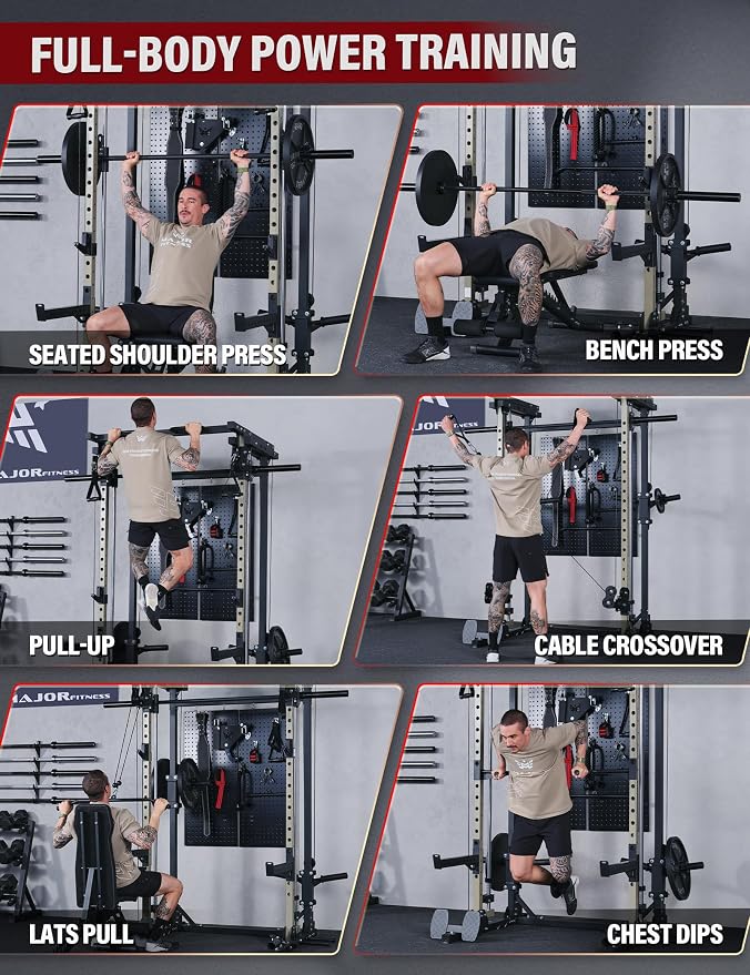 MAJOR FITNESS Drone3 Smith Machine, 2500lbs All-in-One Home Gym Power Rack with Dual Pulley System for Cable Crossover, Pull-Up Bars