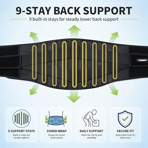 CAMBIVO Back Brace with 9-Stay Adjustable Lumbar Support Belt, BS10 | 9-stay lumbar support, adjustable compression, breathable fit, posture corrector, for work sitting travel, unisex Small
