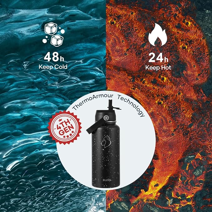 BUZIO 32 oz Water Bottle Insulated, Leakproof Stainless Steel Flask (Cold for 48 Hrs), Wide Mouth BPA-Free Metal Thermo Hydro Canteen with 2 Lids, Starry Day & Night