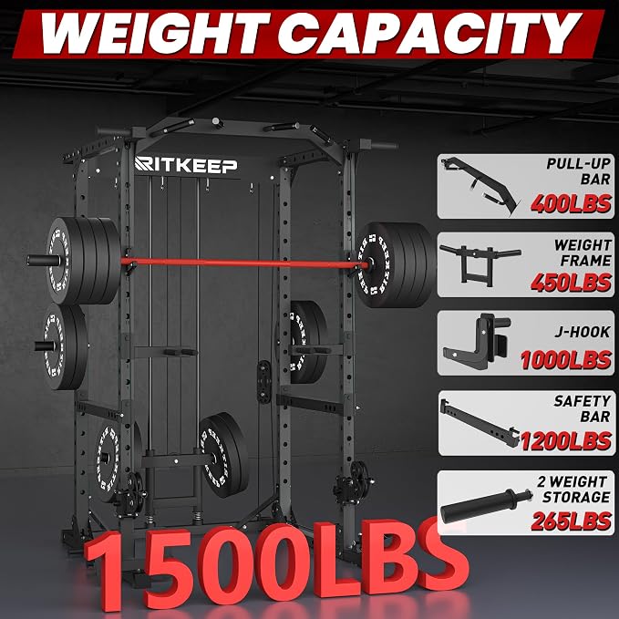RitKeep Power Rack M10 with Pulley System & LAT Pull Down for Home Gym | Multi-Function Squat Rack with 1500LB Capacity, Pull-Up Bar & J-Hooks plus 11 Attachments for Strength Training