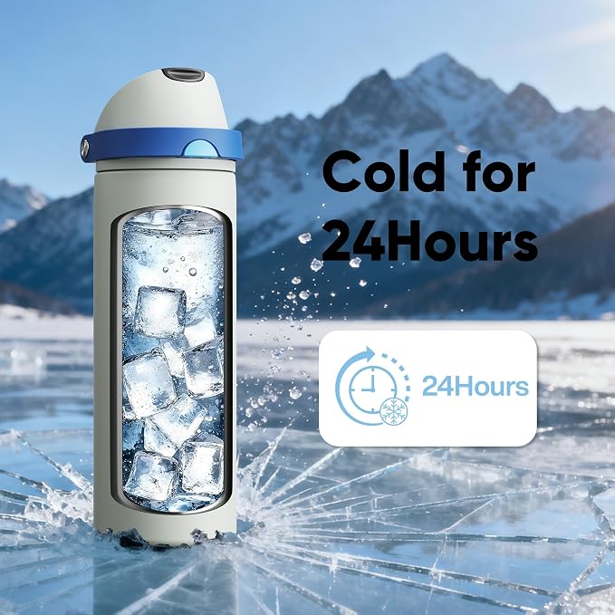 Insulated Water Bottle with Straw - Encool Stainless Steel Water Bottle with Push Button Lid, Leak-Proof & BPA-Free, Keeps Cold for 24 Hours for Sports, Travel, Gym (24 oz, Quill Grey-Blue)