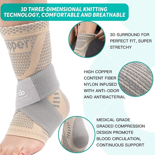 INDEEMAX Ankle Brace for Sprained Ankle Compression Sleeve, 2 Pack Copper Infused Ankle Support Brace for Women & Men, Plantar Fasciitis Relief Achilles Tendonitis, Sports Running, Skin Silver, XL