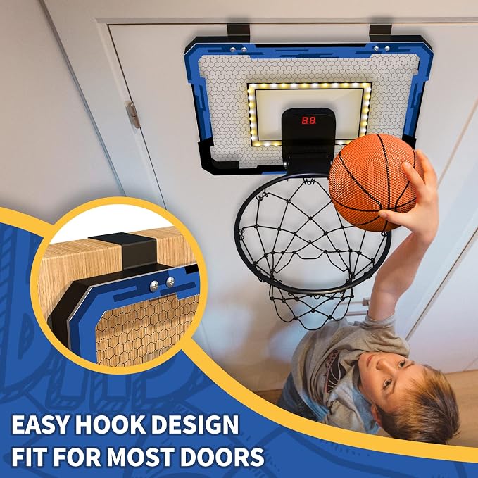 QDRAGON Mini Basketball Hoop with Scoreboard & LED Lighting | Over The Door Indoor, with 3 Balls/Inflator/Breakaway Rim, Basketball Toy Gifts for Kids Adults, Suit for Bedroom/Office