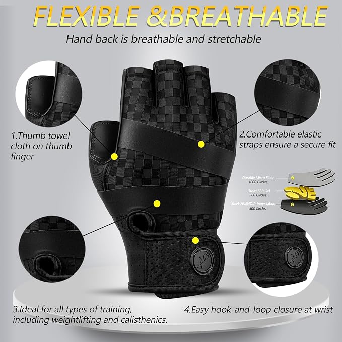 Workout Gloves Padded Weight Lifting Gloves for Men/Women, [3MM Gel] Fingerless Grip Gym Gloves Fitness Gloves for Exercise,Hanging,Weightlifting, Cycling, Pull ups, Rowing