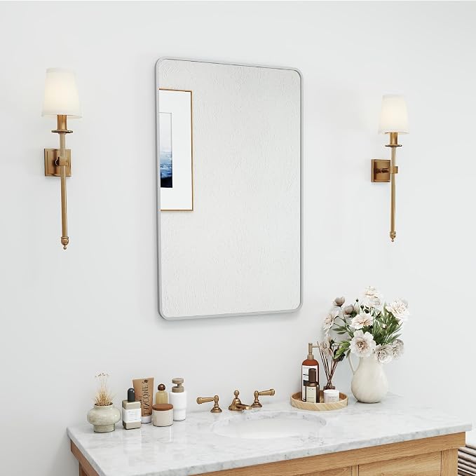 SCWF-GZ 20x30 Rectangle Mirror Full Length Wall Mounted Hanging or Against Wall Metal Frame Dressing Make-up Mirrors for Entryway Bedroom Bathroom Living Room 20 30 inch Silver