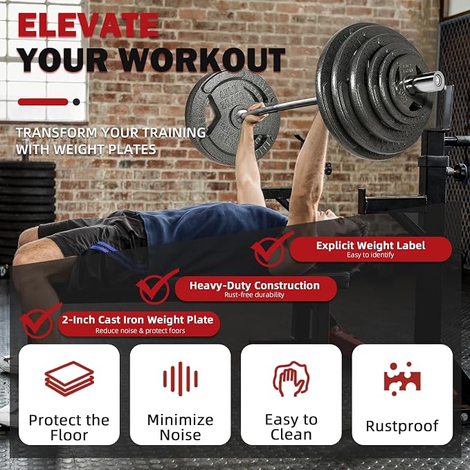 Fitvids 2-Inch Olympic Cast Iron Plate Weight Plate for Strength Training and Weightlifting, Multiple Sizes