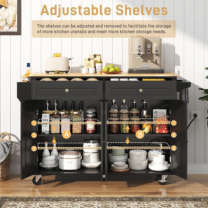 Hlivelood 55" Movable Kitchen Island with Drop Leaf and Power Outlet, Rolling Cart with Storage Cabinet, Island Table on Wheels for Kitchen with 2 Drawers, Spice Rack, Towel Bar, Garage Hook, Black