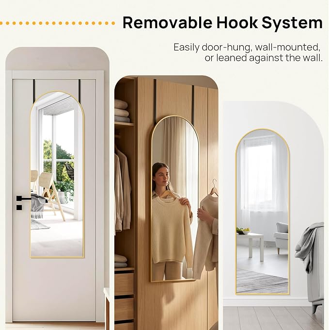 Gold Arched Over The Door Mirror, 47x14 Inches Full Length Hanging Mirror | No Drill Door Hanging Setup for Closet, Space Saving Door Mount Design for Closet, Bedroom Decor, Living Room Décor