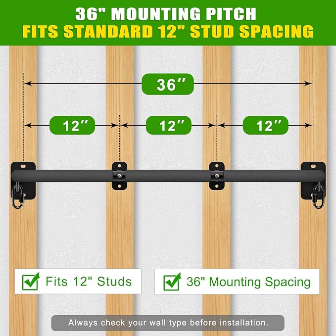 SELEWARE 32"/36" Wall Mount Pull Up Bar Joist Mount Chin Up Bar for Doorway | Heavy Duty Steel Construction Support 450 lb, w/Resistance Band Hooks, Fits 32"/36" Wall Studs for Home Gym Strength Training