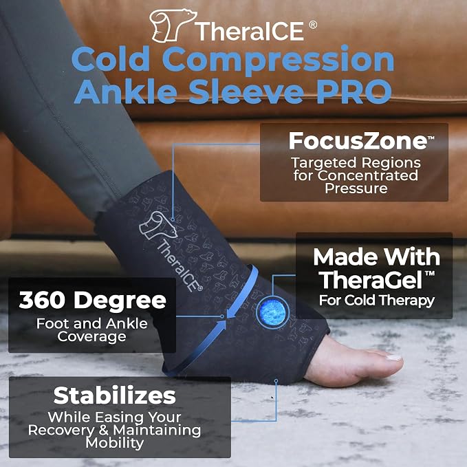 TheraICE Ankle Ice Pack Wrap PRO for Swelling, Sprained Ankle Support | FocusZone Extra Cooling, Foot & Heel Ice Wrap for Achilles Tendonitis, Plantar Fasciitis