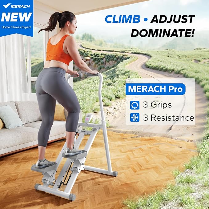 MERACH Stair Stepper with Adjustable Resistance, Foldable Stair Climber | Multi-Level Resistance, 3 Adjustable Angles, Stable Triangle Design, 300 lbs Capacity, Foldable Stair Climber, LCD Monitor
