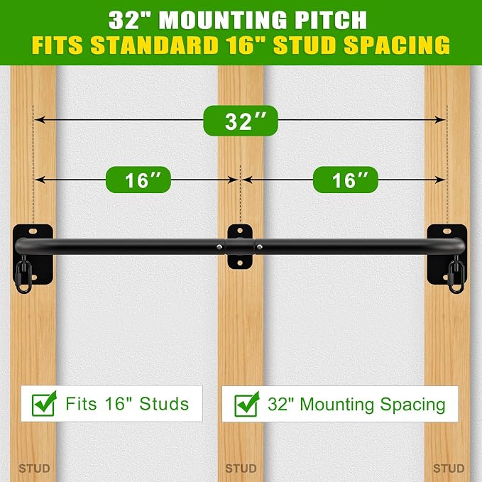SELEWARE 32"/36" Wall Mount Pull Up Bar Joist Mount Chin Up Bar for Doorway | Heavy Duty Steel Construction Support 450 lb, w/Resistance Band Hooks, Fits 32"/36" Wall Studs for Home Gym Strength Training