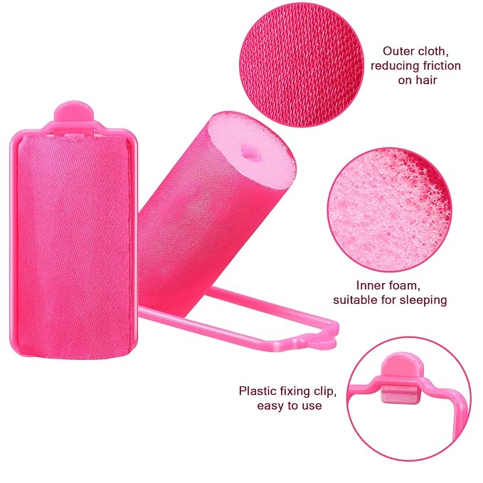 40 Pieces Sponge Hair Rollers Satin Rollers Silk Foam Roller Women Hair Curlers with Duck Teeth Clips for Hairdressing Styling(Rose Red)