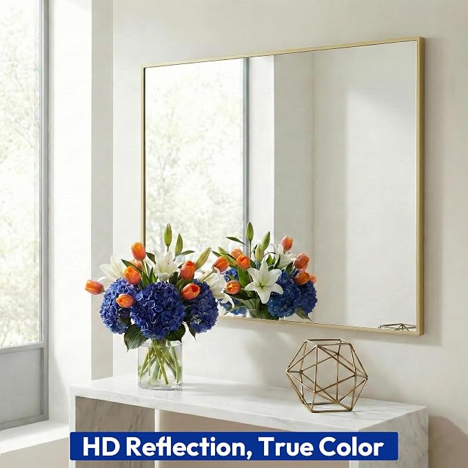 36" x 48" Gold Wall Mirror for Bathroom, 48" x 36" Oversized Rectangular Accent Decor, Large Metal Framed Mirror for Dining Room & Vanity