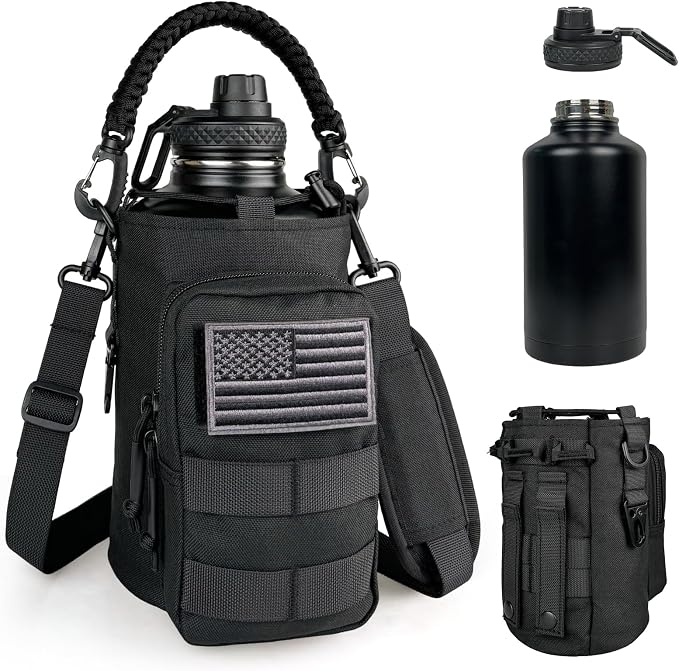 DEFUNX Half Gallon Water Bottle Insulated with Sleeve - Tactical 64 oz Stainless Steel Water Jug with MOLLE Water Bottle Pouch, Gym Water Bottles for Men Hiking Workout (Black)