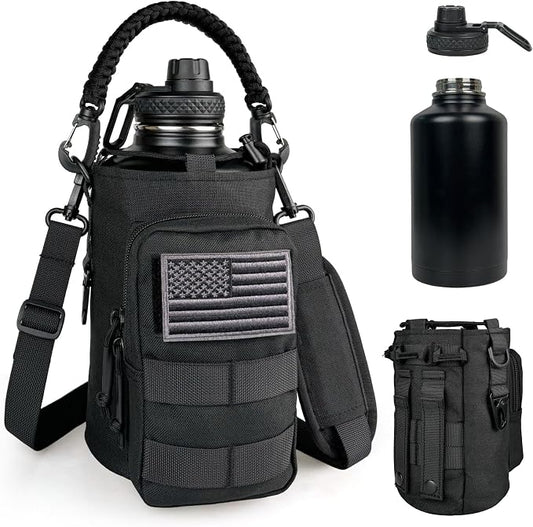 DEFUNX Half Gallon Water Bottle Insulated with Sleeve - Tactical 64 oz Stainless Steel Water Jug with MOLLE Water Bottle Pouch, Gym Water Bottles for Men Hiking Workout (Black)