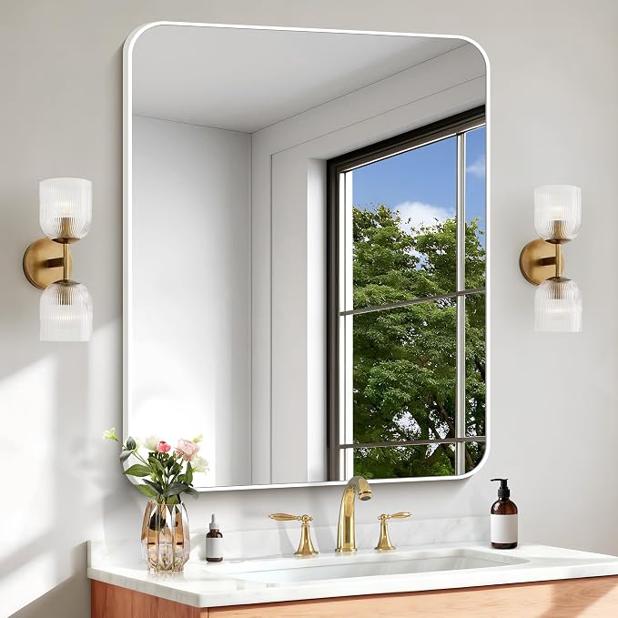 BONEWEI White Bathroom Mirror,30x36 inch Wall Mirror for Bathroom Wall Mounted,Rectangle Mirror for Bathroom Over Sink,Modern Frame Round Corner for Living Room,Bedroom Entryway,Horizontal/Vertical
