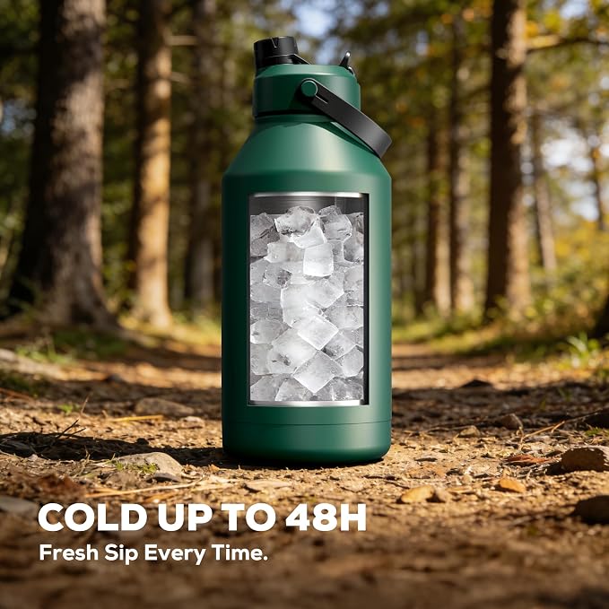 POWCAN 64 oz Insulated Water Bottle with Carrier Bag, 2-in-1 Straw & Spout Lid, Leakproof, Keep Cold 48H, BPA-Free, Stainless Steel Water Bottle with handle for Workout, Trip and Fitness (Forest)
