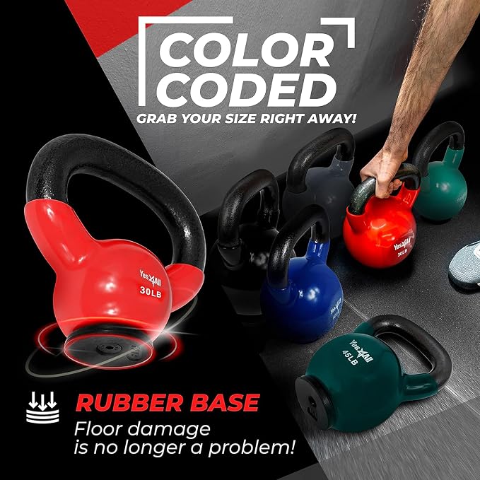 Yes4All Kettlebells Rubber Base, Kettlebell Set for Women, Strength Training Kettlebells Weights (10-65 lbs)