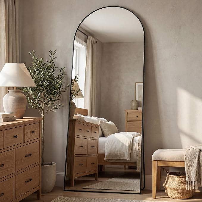 Antok 71" x28” Arched Full Length Floor Mirror, Black Aluminum Frame, Free Standing/Wall Mount/Leaning for Bedroom, Living Room, Dressing Room