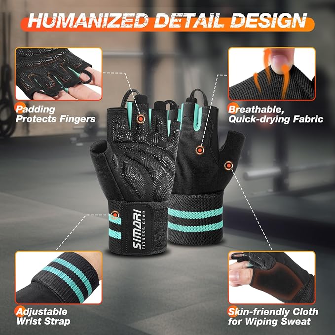 SIMARI Workout Gym Gloves for Men Women, Weight Lifting Gloves with Wrist Wrap Support, SBR Pad Grip for Full Palm Protection, for Exercise, Fitness, Dumbbells, Barbell, Climbing, Fingerless