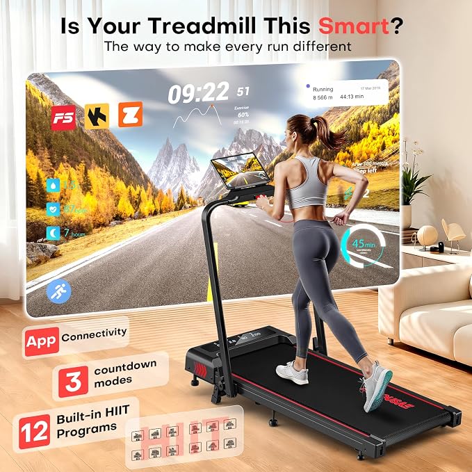 Treadmills for Home, App Compatible, 5 in 1 7.5MPH Foldable Treadmill with 10% Incline, 3.0HP Brushless Drive, 12 HIIT Programs, Full Screen LED Display, Remote Control, 400 LBS Weight Capacity