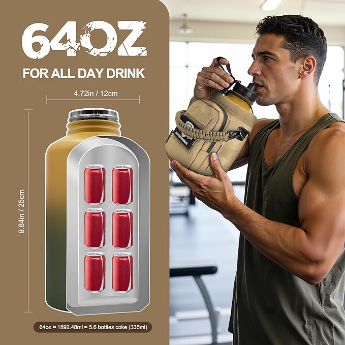 NATURE PIONEOR 64 oz Tactical Water Bottle with MOLLE Bottle Pouch & 3 Lids | 18/8 Food-grade Stainless Steel, Double Vacuum Insulation, 3 Leak-proof Lids, Handle, Strap, Camping, Hiking, Gym, Work