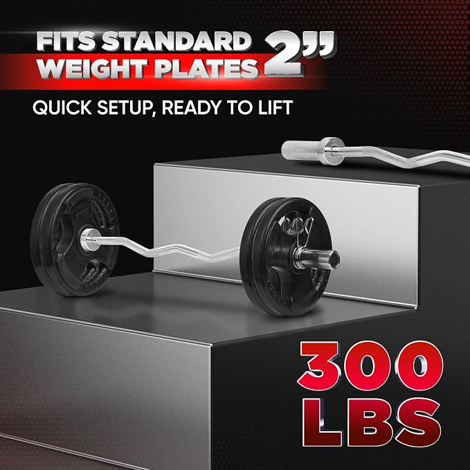 Yes4All Standard Straight Barbell 60" & EZ Curl Bar 47", Capacity 200 to 480 LB, Weight Bar 1" to 2" Diameter - Star Lock Collars, Rubber Ring, Barbell Spins Included for Deadlifts & Squats