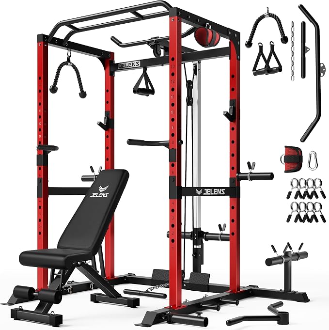 JELENS S21 Power Cage, Multi-Function Power Rack with Adjustable Cable Crossover System, 2000LBS Squat Rack for Home Gym with More Training Attachments