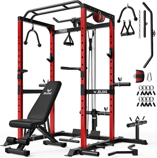 JELENS S21 Power Cage, Multi-Function Power Rack with Adjustable Cable Crossover System, 2000LBS Squat Rack for Home Gym with More Training Attachments