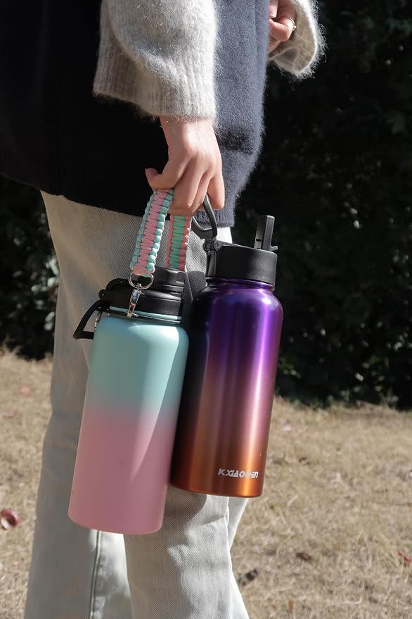KXIAOCHEN Insulated Water Bottle with Strap, 48-Hour Cold, 2 Lids | Triple-wall insulation, lead-free 18/8 Stainless steel, paracord handle, carabiner clip, for gym, hiking, camping and travel