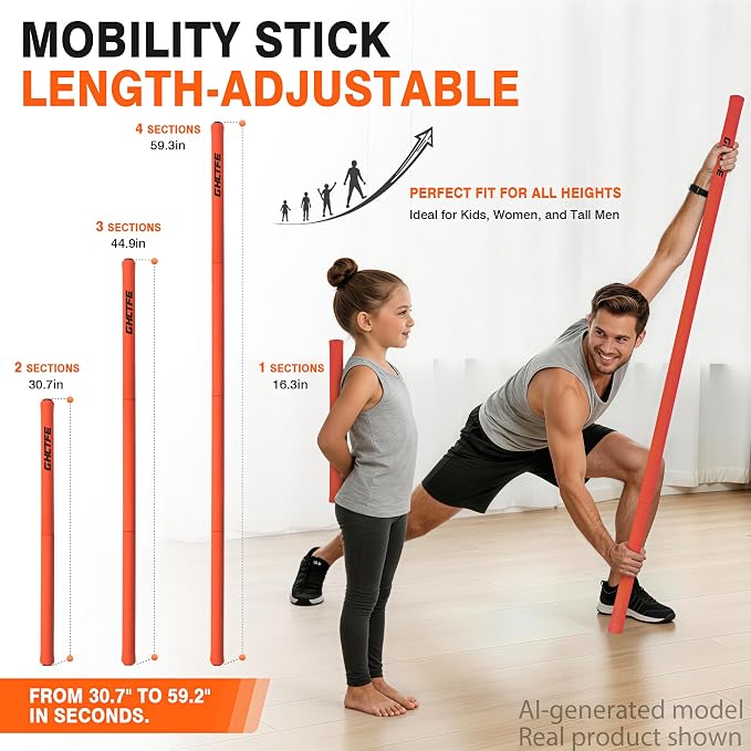 Adjustable Yoga Stick for Stretching & Balance, Upgraded Workout Pilates Equipment for Back Posture Corrector, 4-Section Steel Mobility Bar for Flexibility, Physical Therapy, Exercise Training