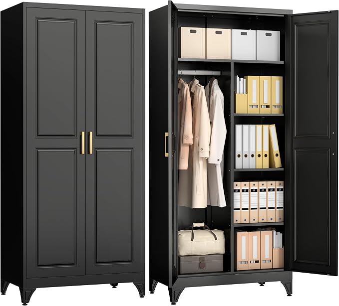 Polup Metal Armoire Wardrobe Closet, 71" Tall Wardrobe Cabinet with 2 Doors | Heavy Duty Steel Clothing Storage Cabinet with Hanging Rod & 3 Adjustable Shelves for Bedroom, Office, Broom Closet, Black