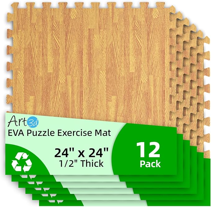 Art3d 12 Pack 24" x 24" EVA Interlocking Exercise Mats, 1/2" Thick Foam Puzzle Flooring for Workout, Gym Equipments, Training Areas, 48 Sq.FT, Teak