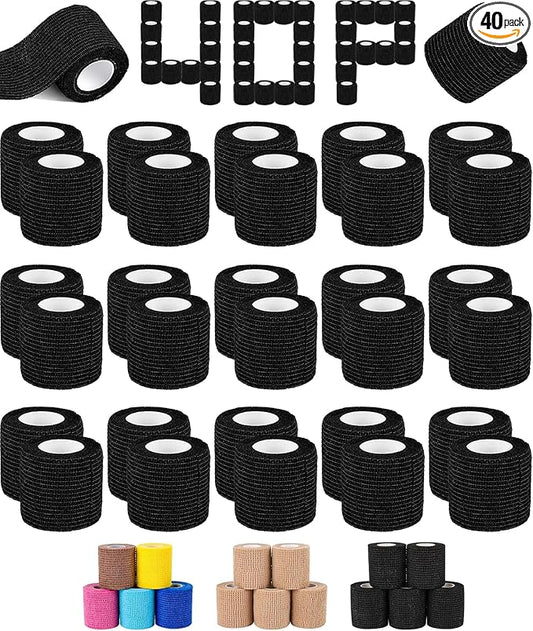 AZEN 40 Pack Self Adhesive Bandage Wrap Black, 2" X 5 Yards Black Athletic Tape, Vet Wrap, Tattoo Grip Tape Wrap，Ankle Tape, Cohesive Bandage Wrap