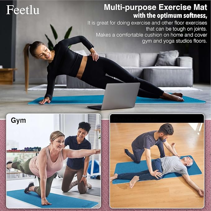 Extra Thick Yoga Mat with Carry Strap, 10mm Non-Slip Exercise Mat, 72 x 24 Inch Cushioned Workout Mat for Yoga, Pilates, Stretching & Floor Exercises