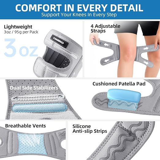 CAMBIVO Patella Tendon Support Knee Strap with Gel Pad and Side Stabilizers, Lightweight Knee Brace for Women and Men, Adjustable Knee Support for Knee Pain Relief, Running, Workouts (Gray, L/XL)