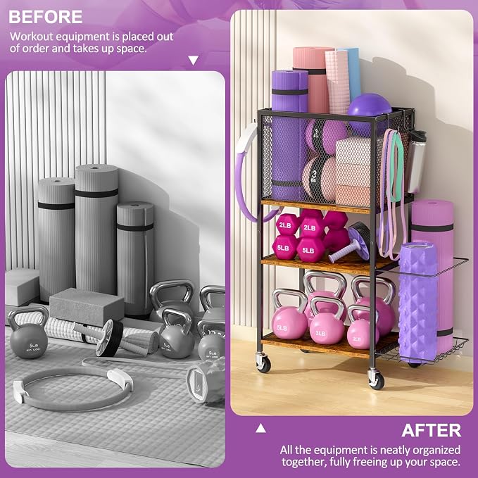 Dumbbell Rack, Yoga Mat Storage Holder, Home Gym Storage Rack, Workout Equipment Storage Organizer, Weight Storage Holder Rack with Hooks and Wheels