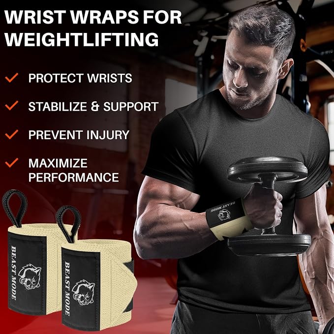 TECEUM Elastic Cotton Weightlifting Wrist Wraps with Thumb Loops, 1 Pair