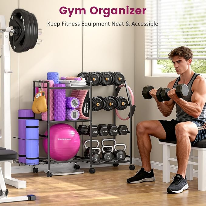 Dumbbell Rack, Weight Rack for Home Gym, Yoga Mat Storage Rack, Exercise Equipment Storage with Wheels and Hooks, Home Gym Equipment Organizer for Kettlebells