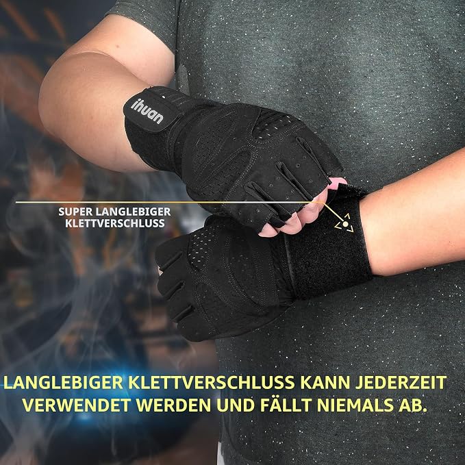ihuan Ventilated Weight Lifting Gym Workout Gloves with Wrist Wrap Support for Men & Women, Full Palm Protection, for Weightlifting, Training, Fitness, Hanging, Pull ups